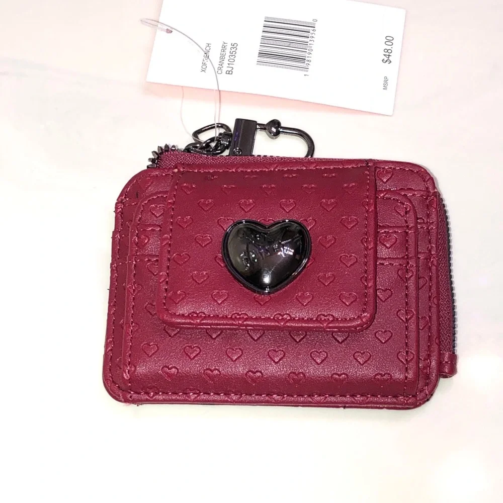 Betsey Johnson XOFRENCH L-Zip Cranberry Card Wallet Dainty Embossed Hearts NWT